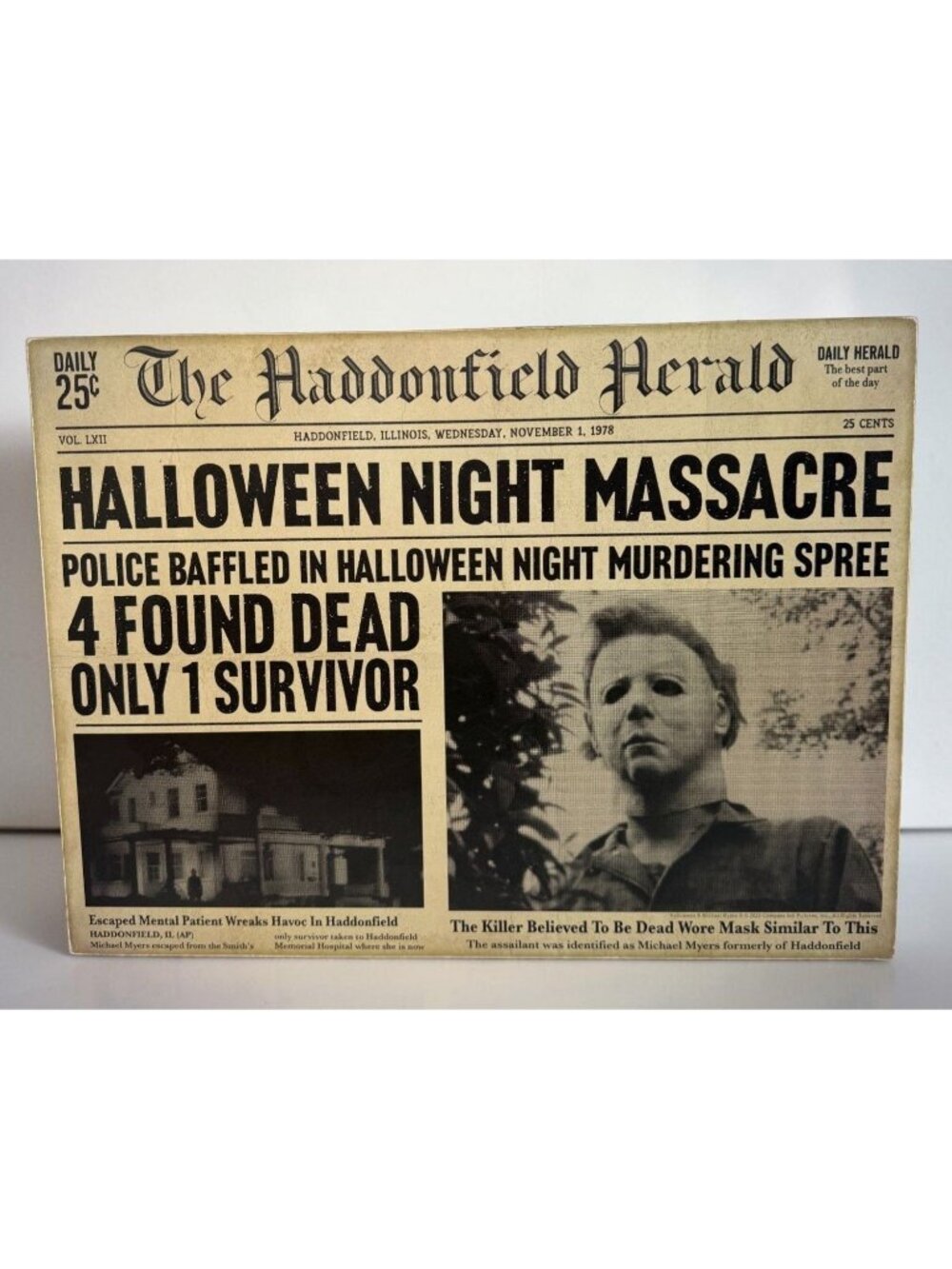Halloween Massacre Michael Myers Wall Plaque Sign Haddonfield Herald Newspaper